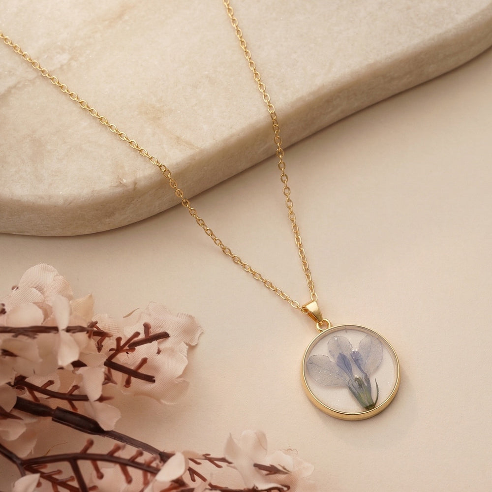 Dainty Circular Resin Necklace with Real Pressed Lavender-Tone Petals