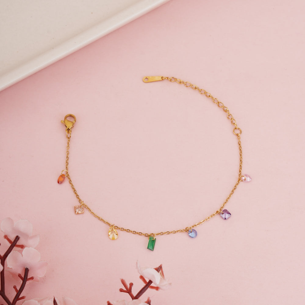 Stylish Gold Toned Adjustable Bracelet with Mixed Crystal Charms