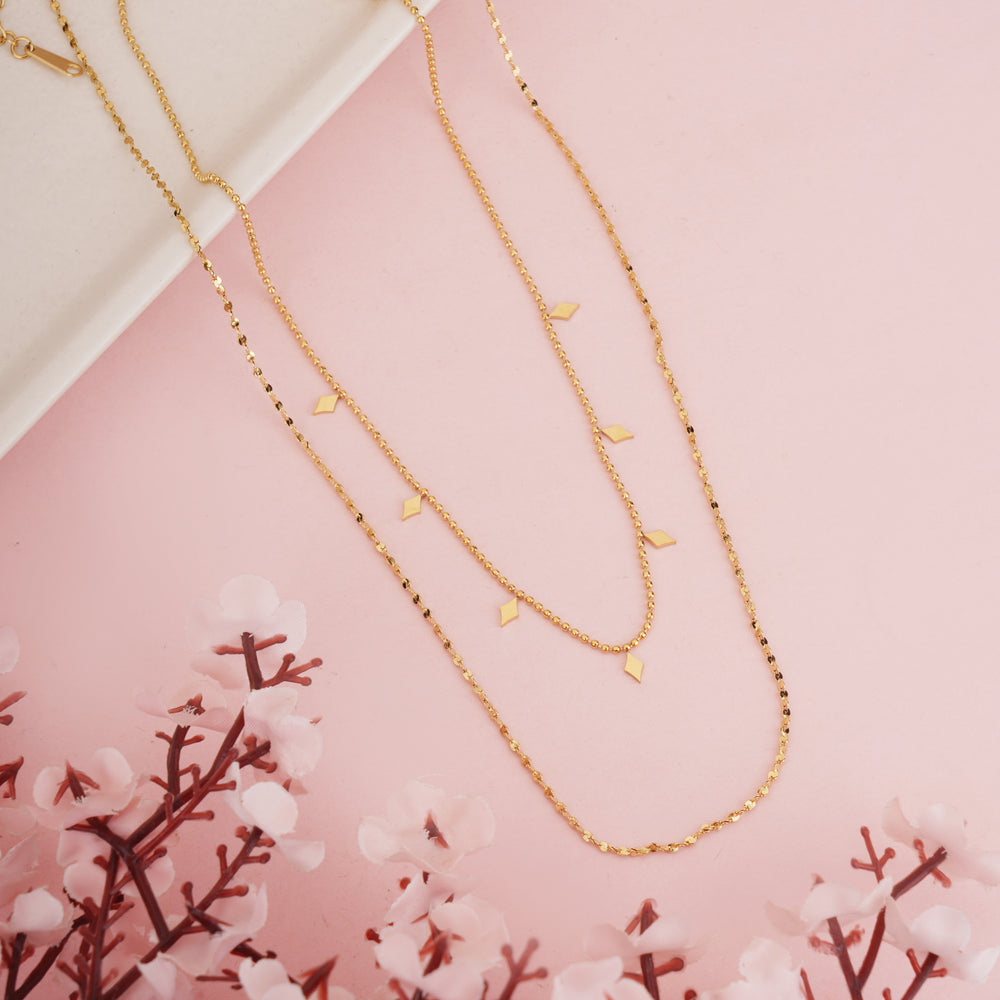 Trendy Double Layered Gold Chain with Geometric Diamond Shaped Charms