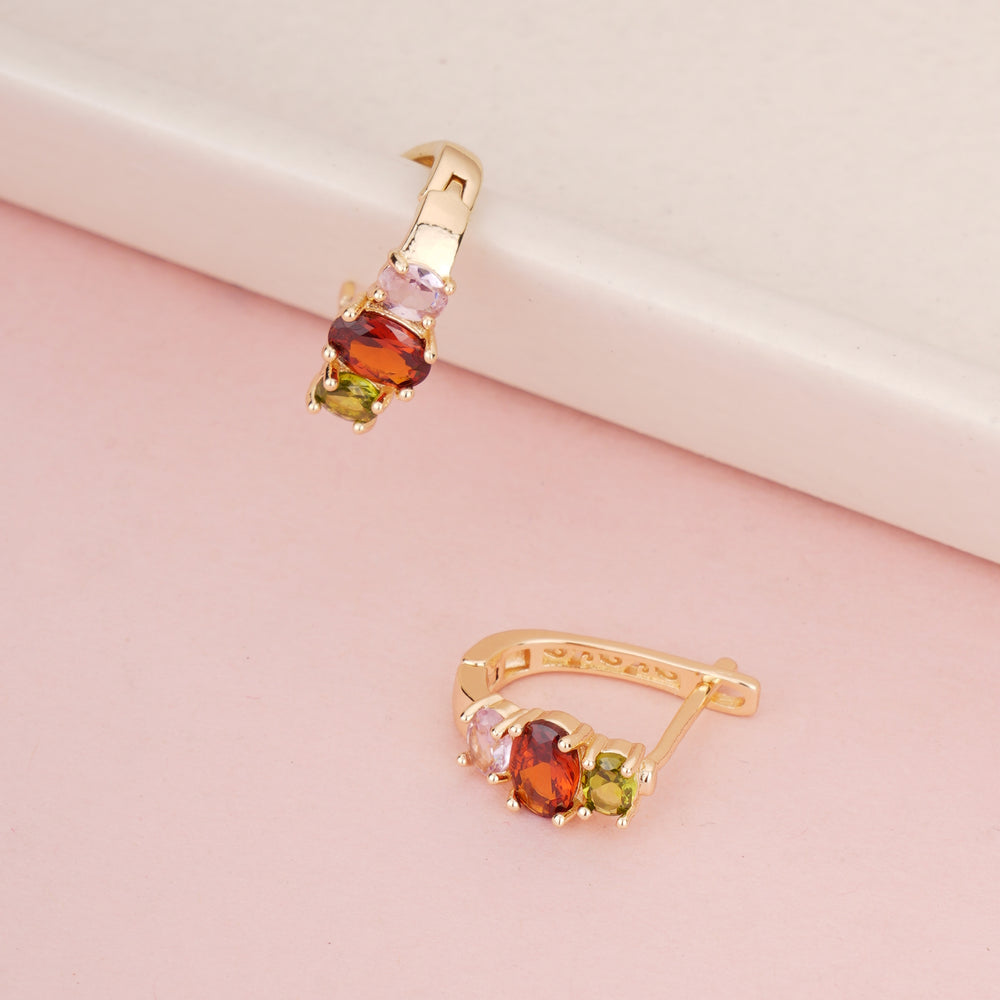 Gold Plated Hoop Earrings with Peridot, Garnet, and Pink Tourmaline Crystals