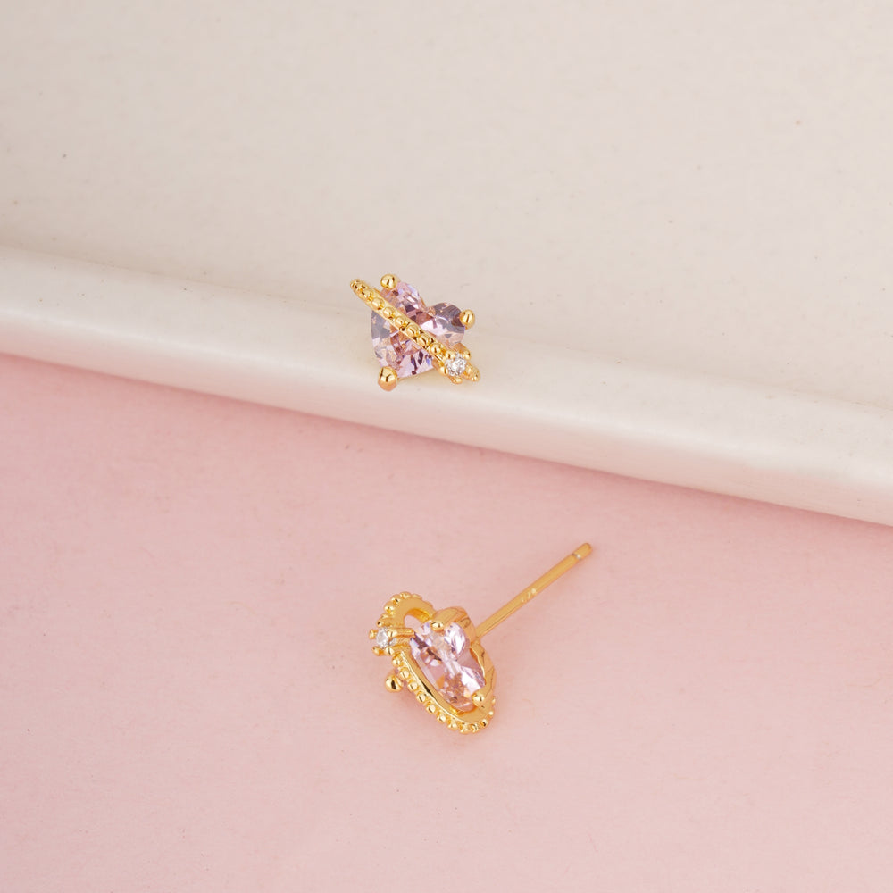 Whimsical Gold Plated Saturn Planet Stud Earrings with Heart-Cut Pink Morganite Crystal