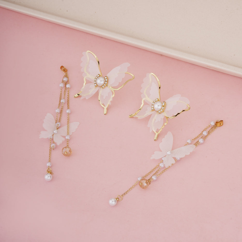 Luxury Gold Plated Multi-Layer Butterfly Dangle Earrings with Silk Wings, Seed Pearls