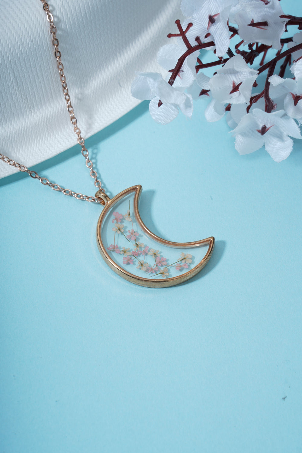 Dried Cherry Blossom Moon Real Flower Resin Pendant chain for girls