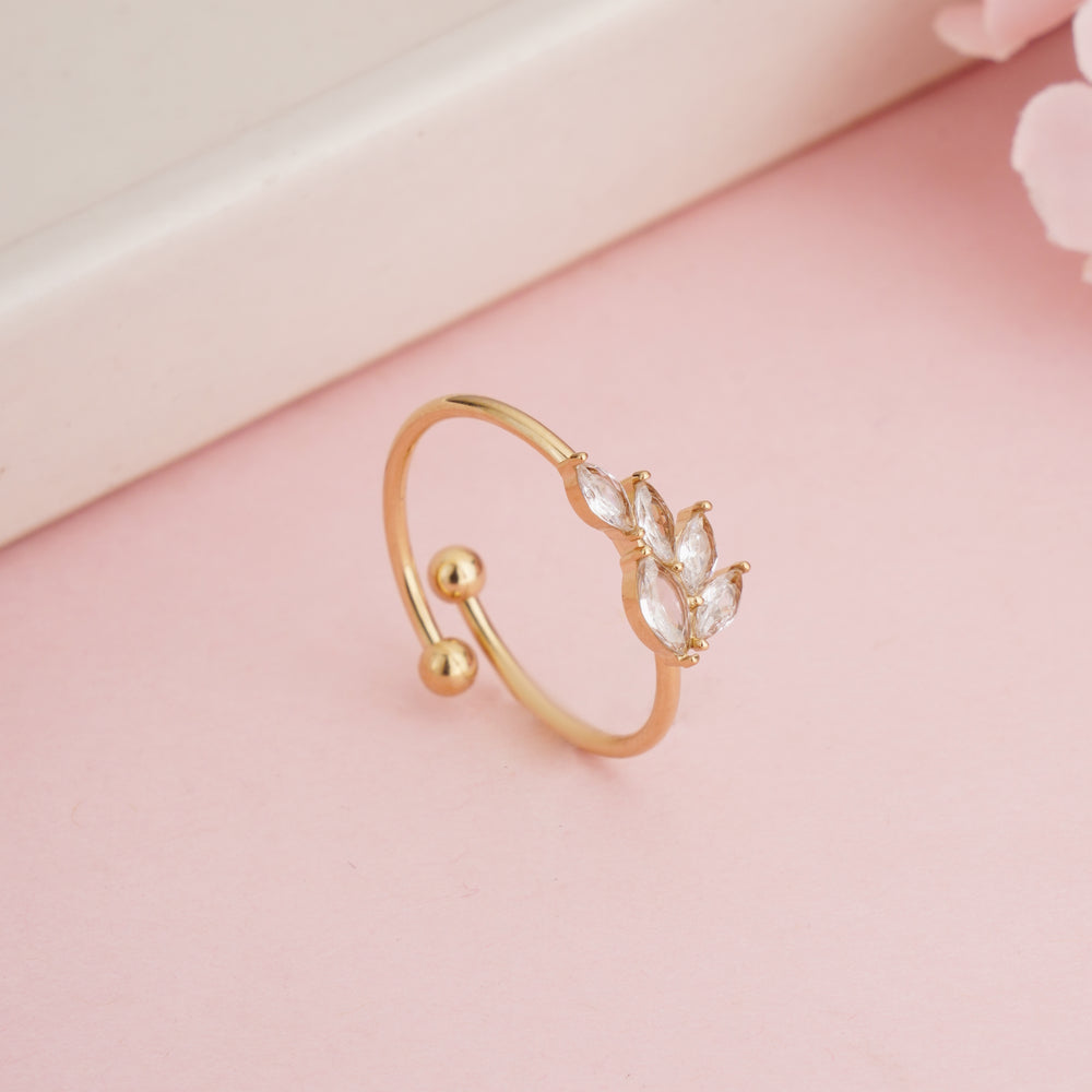 Unique Gold Plated Marquise Zircon Leaf Bypass Ring, Adjustable Branch Cuff Ring