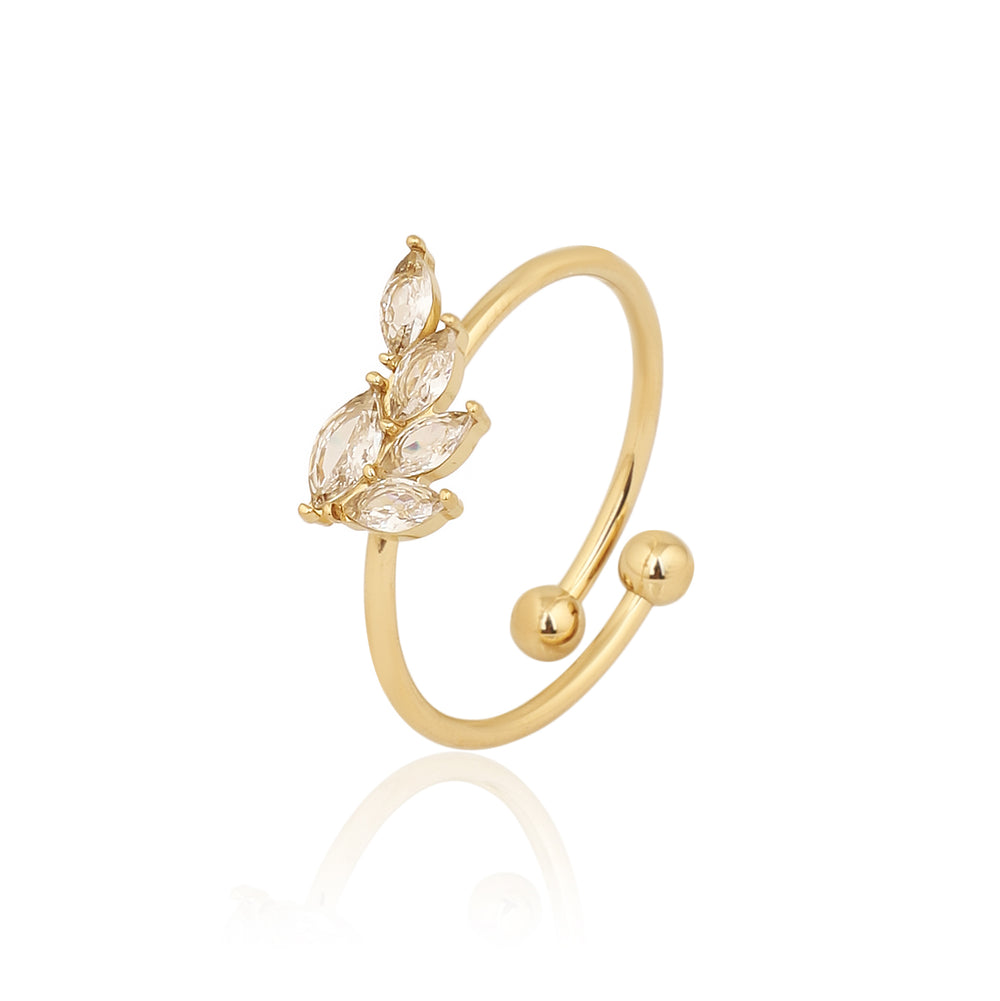 Unique Gold Plated Marquise Zircon Leaf Bypass Ring, Adjustable Branch Cuff Ring
