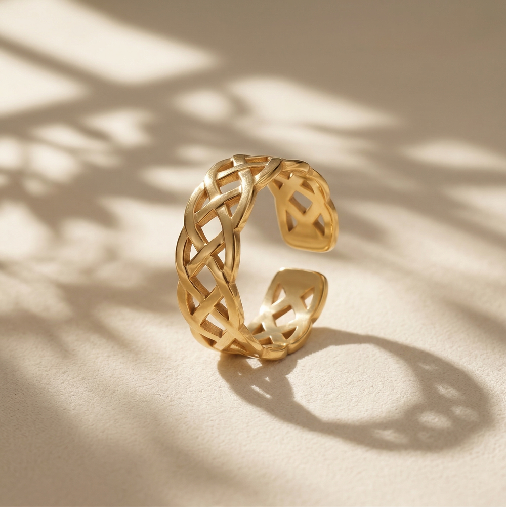 Gold Plated Celtic Knot Open Band Ring, Stainless Steel Woven Mesh Filigree Ring