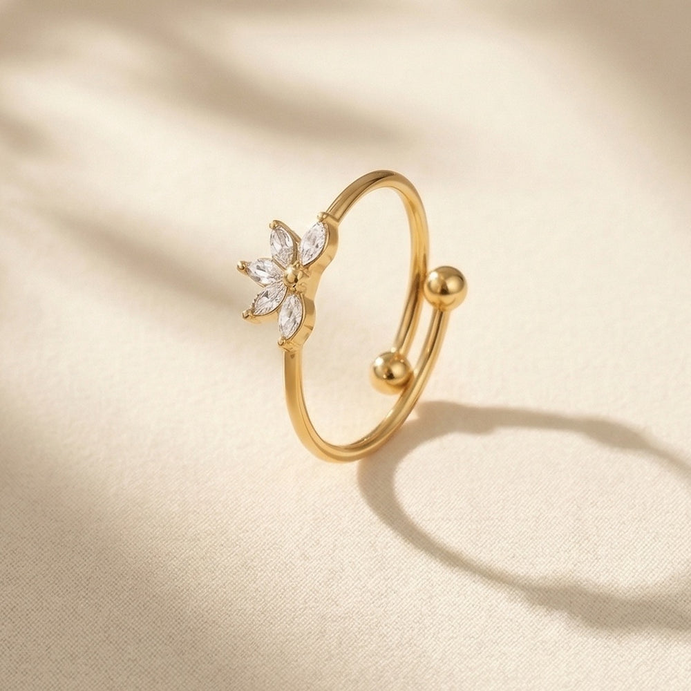 Gold Plated Cubic Zircon Flower Cluster Adjustable Ring, Dainty Petal Bypass Band