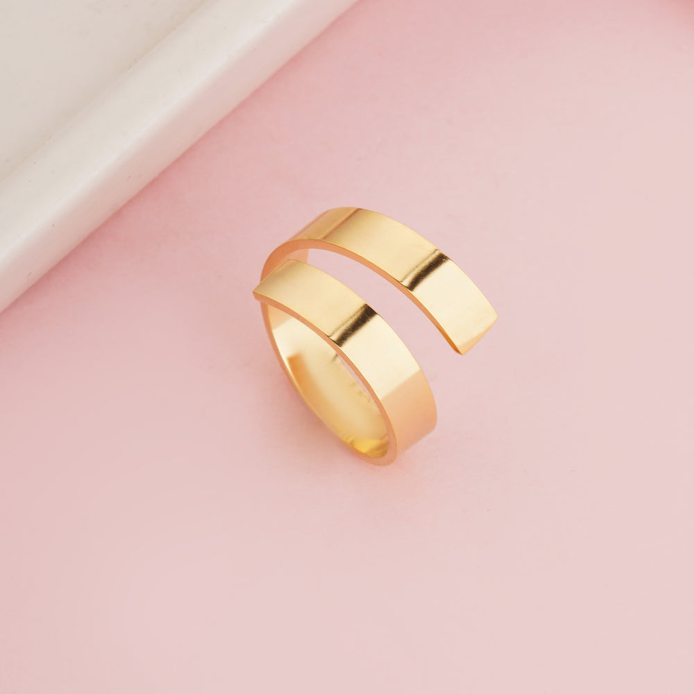 Gold Plated Minimalist Spiral Coil Ring, Wide Flat Band Geometric Wrap Ring