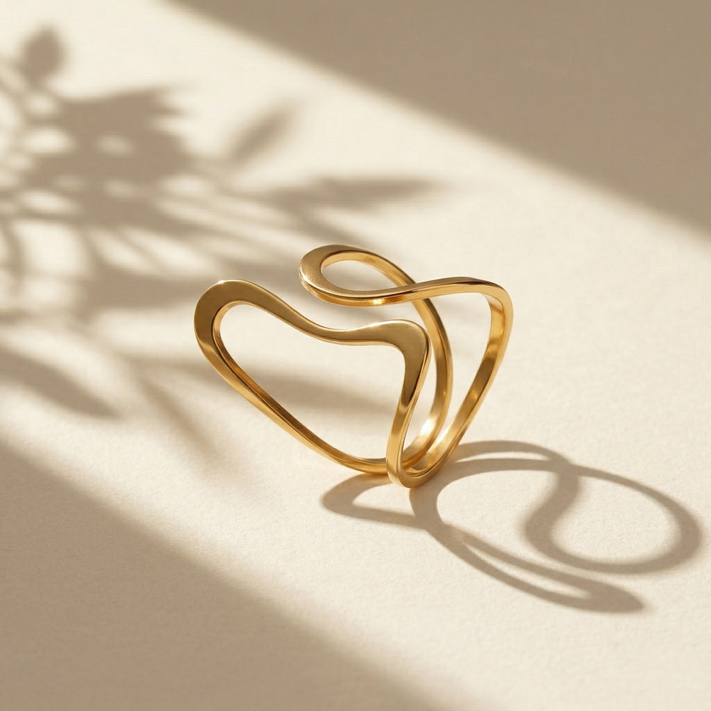 Gold Plated Abstract Wave Geometric Ring, Hollow Double Layer Minimalist Band