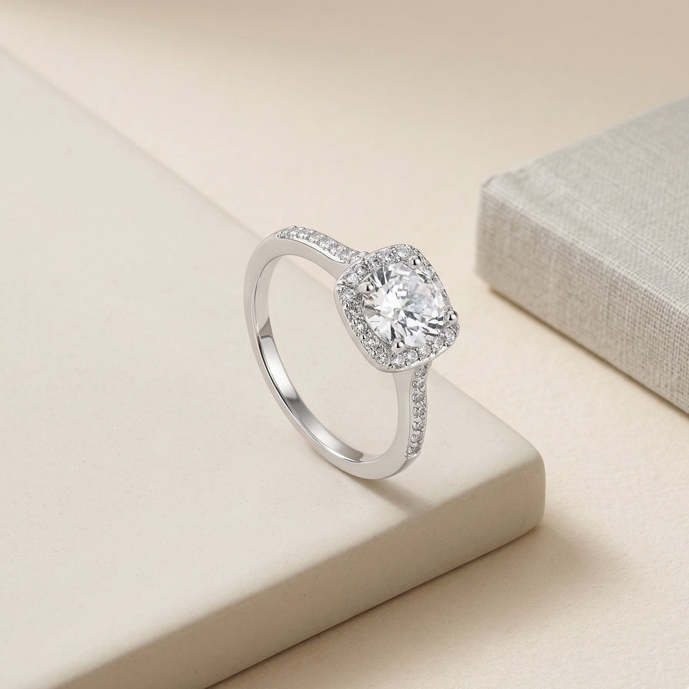 Silver Plated Square Halo Cubic Zirconia Solitaire Ring, Cushion Cut Engagement Ring