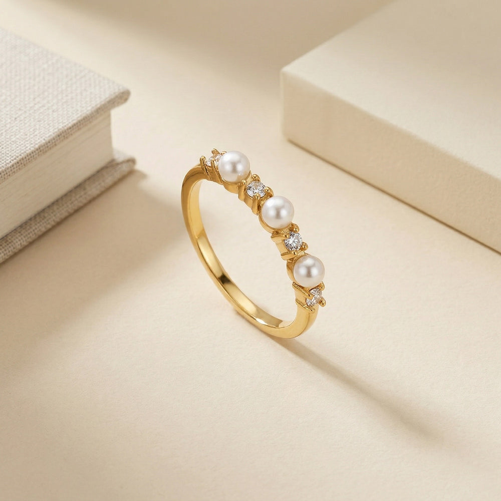 Gold Plated Faux Pearl and Zircon Alternating Ring, Dainty Wedding Band
