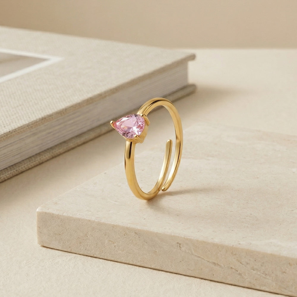 Gold Plated Pink Zircon Pear Cut Adjustable Ring, Dainty Teardrop Solitaire Ring