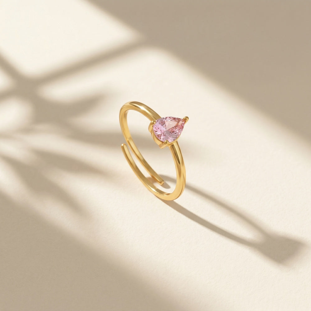 Gold Plated Pink Zircon Pear Cut Adjustable Ring, Dainty Teardrop Solitaire Ring