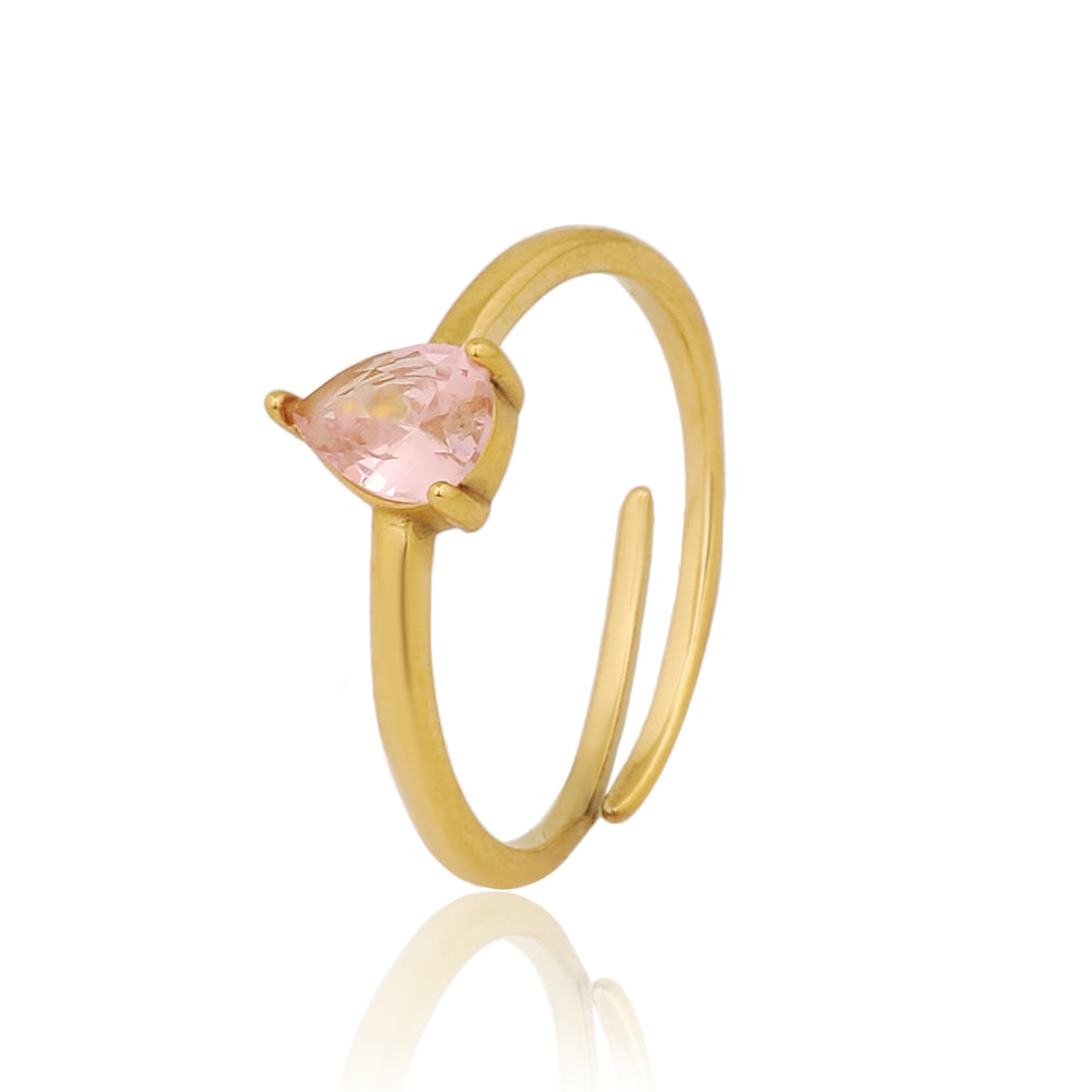 Gold Plated Pink Zircon Pear Cut Adjustable Ring, Dainty Teardrop Solitaire Ring