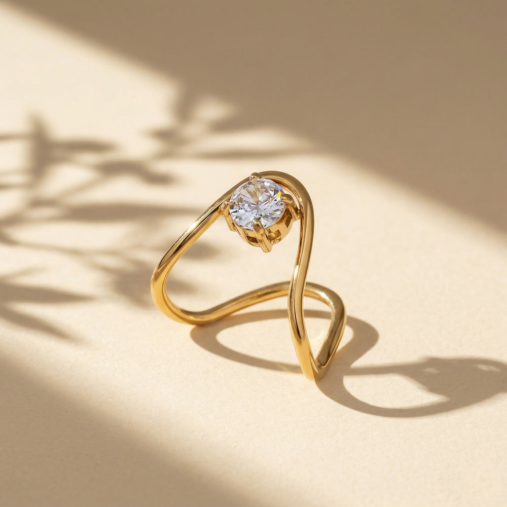 Gold Plated Abstract Wave Solitaire Ring, Unique V-Shape Wishbone Zircon Ring