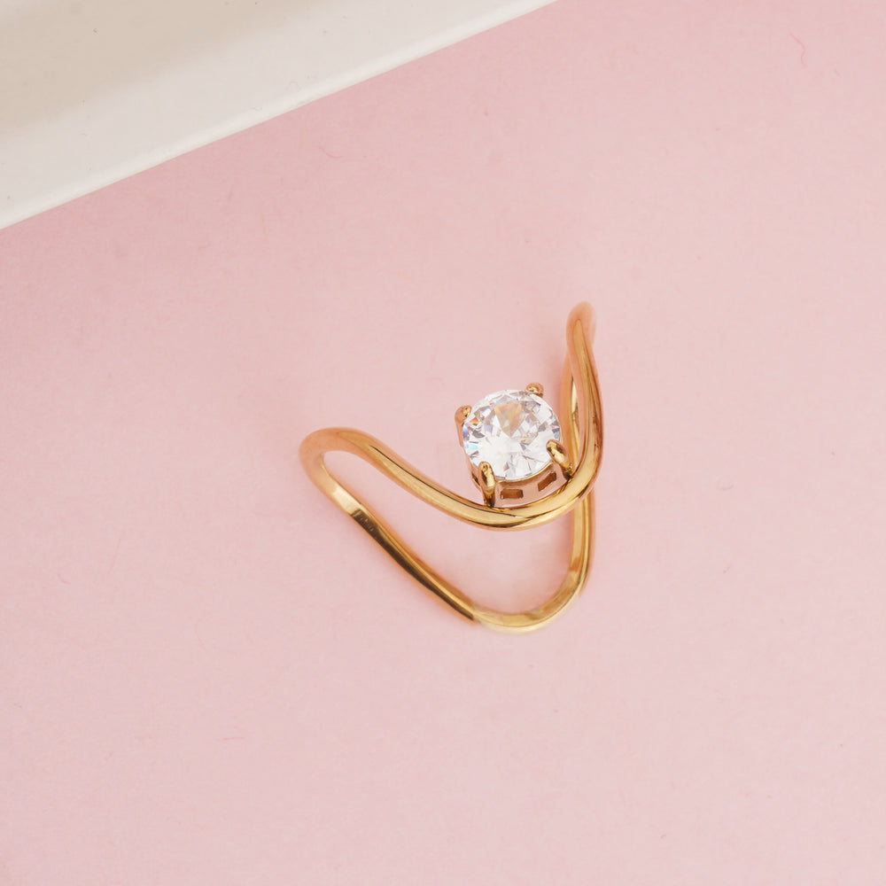 Gold Plated Abstract Wave Solitaire Ring, Unique V-Shape Wishbone Zircon Ring