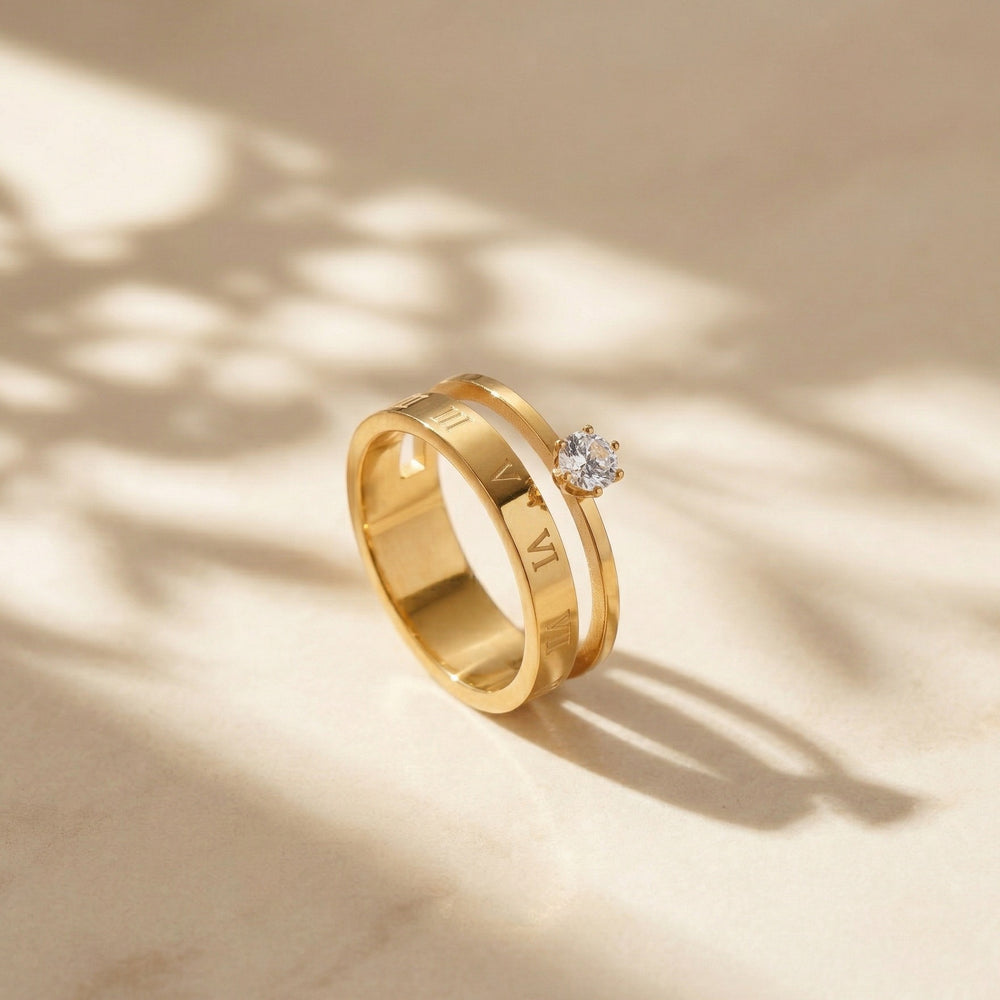 Gold Plated Roman Numeral Double Layer Ring, Stackable Zircon Band Ring
