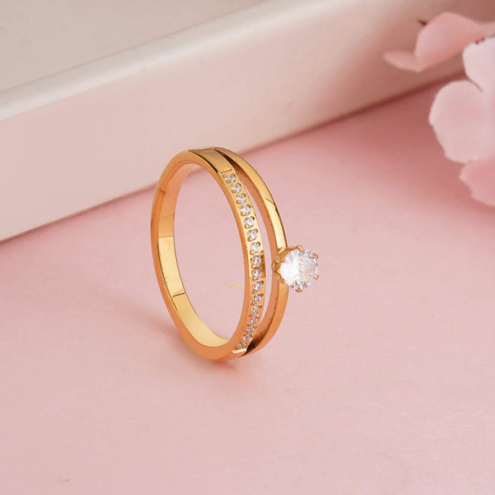 Gold Plated Twin Row Solitaire Ring, Pave Set Zircon Double Band Ring