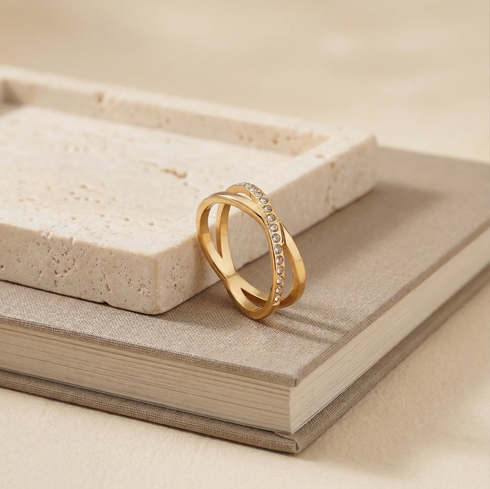 Gold Plated Criss-Cross Infinity Ring, X-Shape Pave Zircon Statement Ring
