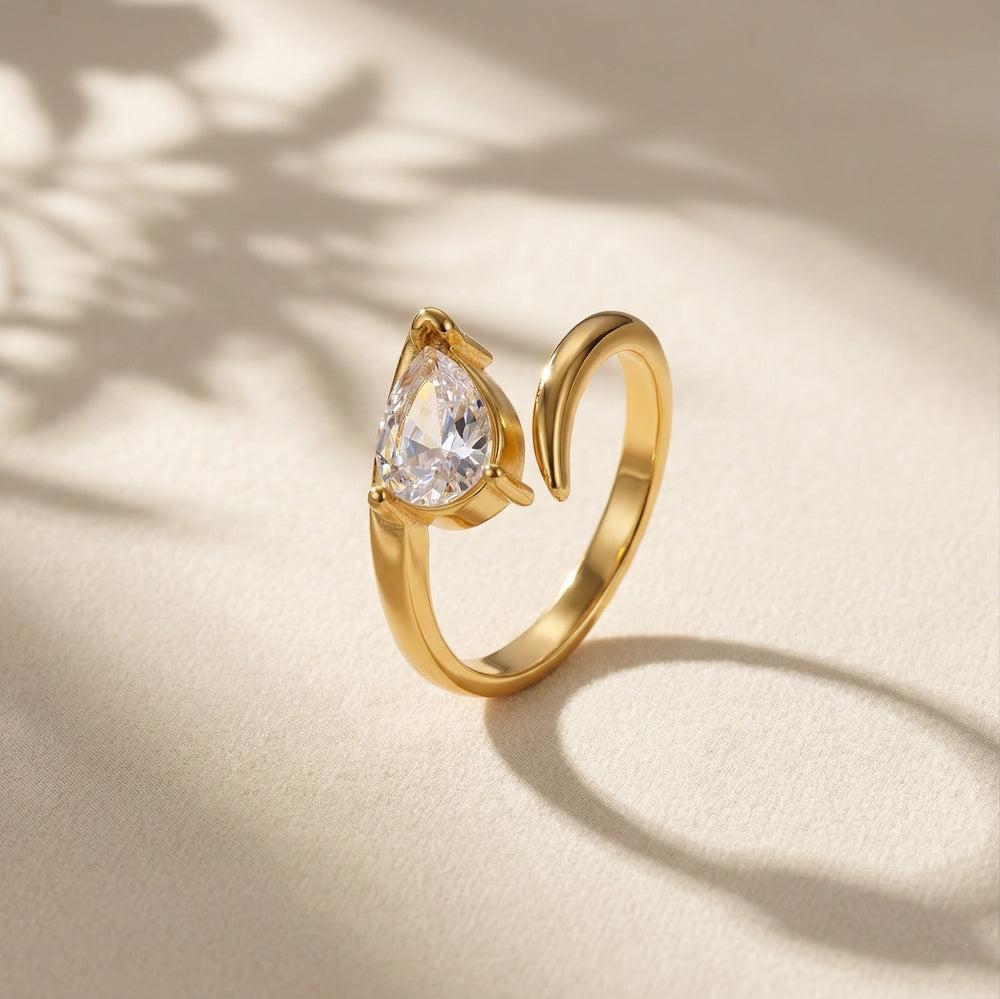 Gold Plated Pear Cut Teardrop Bypass Ring, Minimalist Zircon Open Cuff Ring