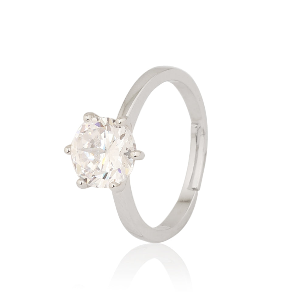 Silver Plated 6-Prong Round Cut Solitaire Ring, Classic Cubic Zirconia