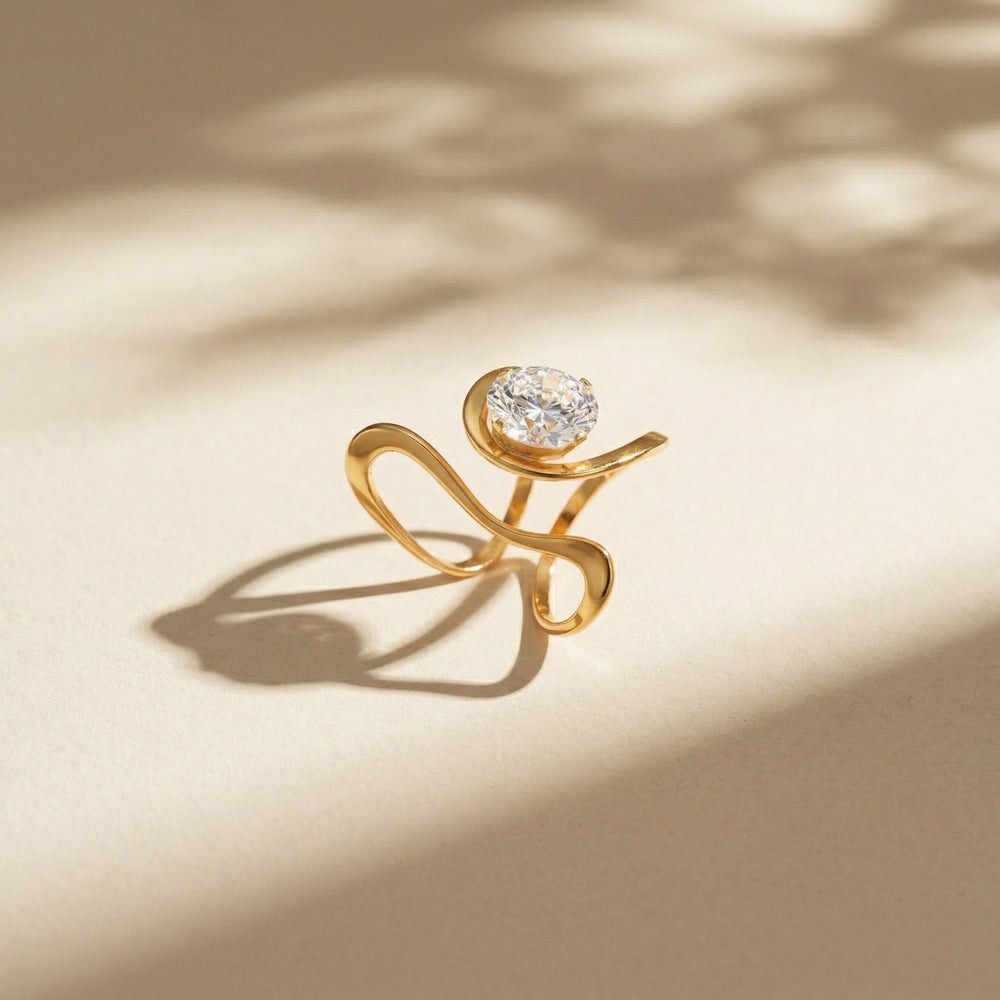 Gold Plated Infinite Loop Statement Ring, Bold Geometric Zircon Solitaire Ring