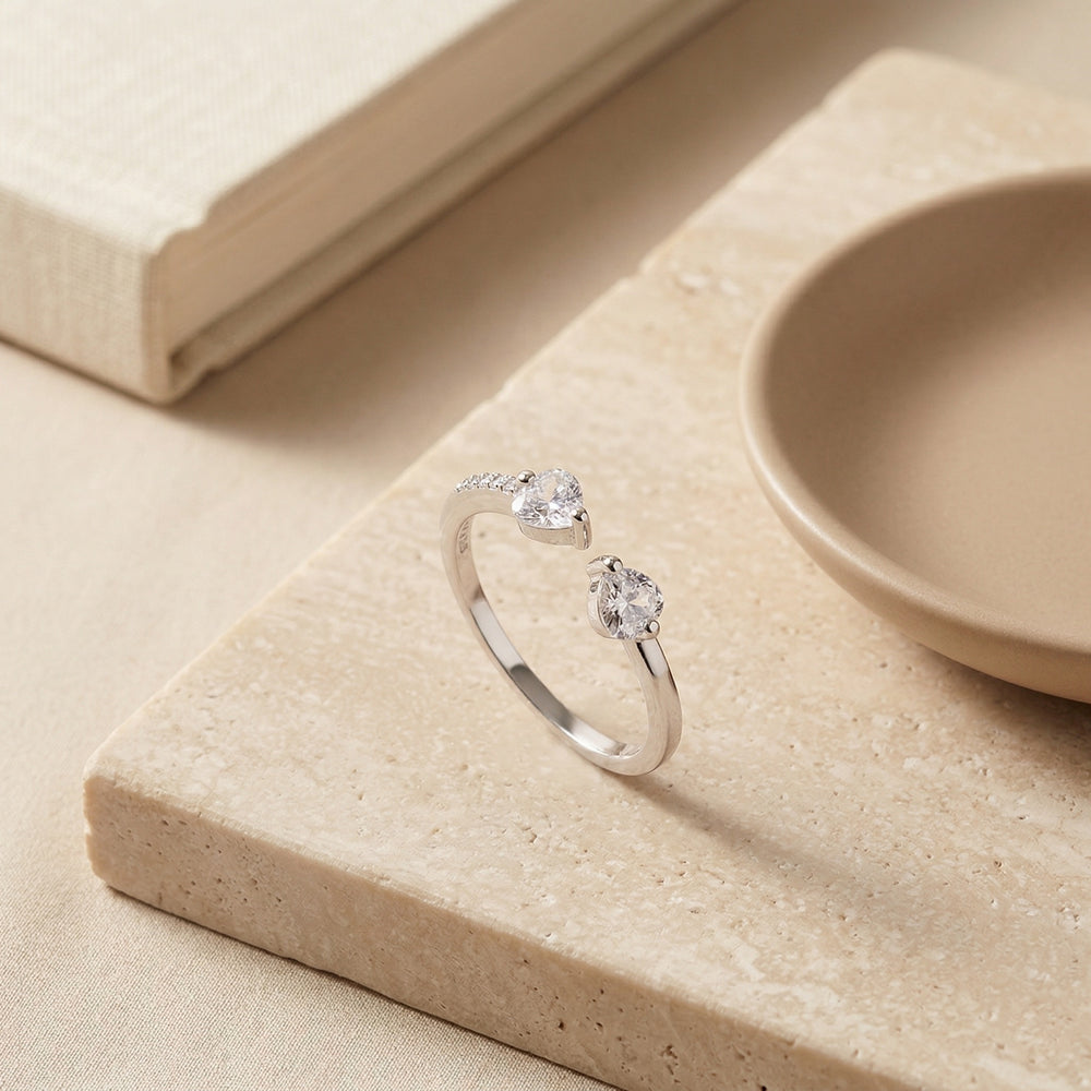 Silver Plated Double Heart Toi Et Moi Ring, Pave Zircon Heart Open Bypass Ring