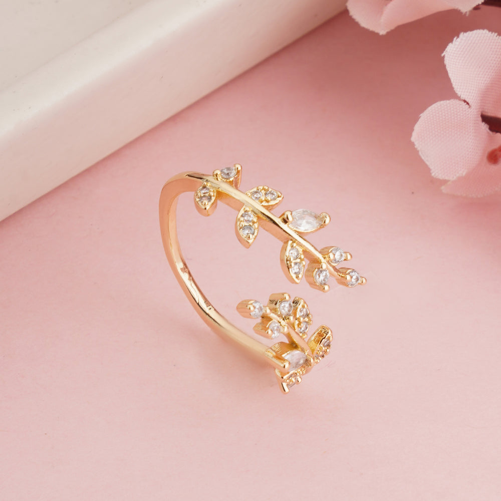 Gold Plated Zircon Double Vine Leaf Ring, Adjustable Olive Branch Bypass Ring