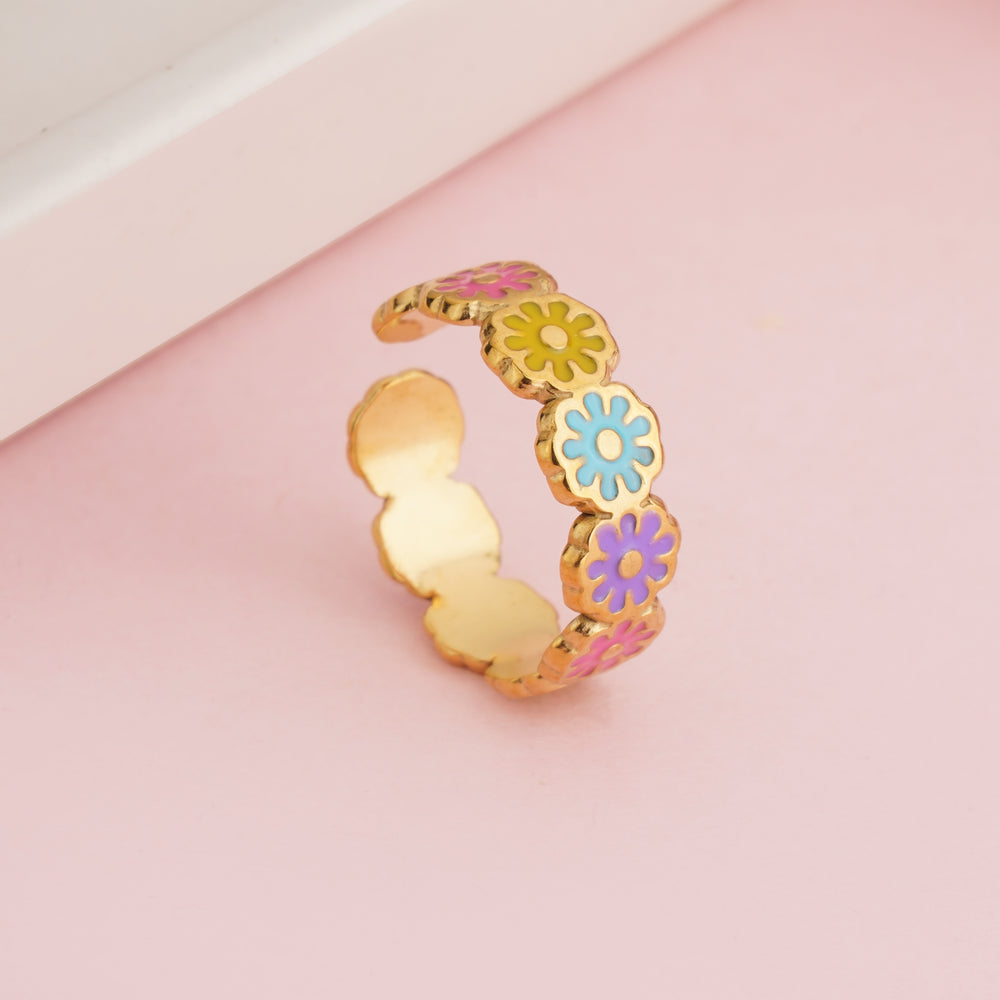Gold Plated Multi-Color Enamel Daisy Flower Ring, Colorful Floral Stackable Band