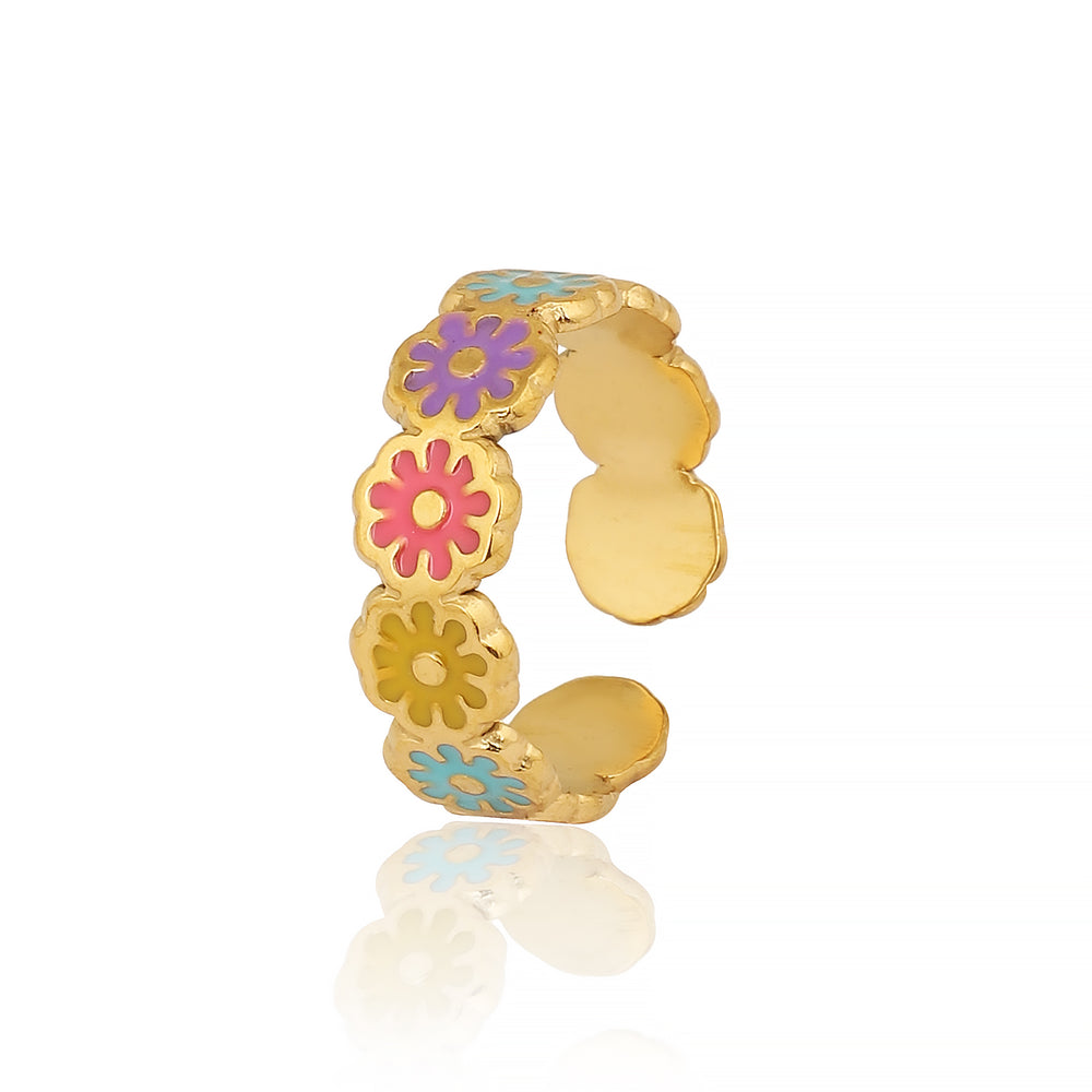Gold Plated Multi-Color Enamel Daisy Flower Ring, Colorful Floral Stackable Band