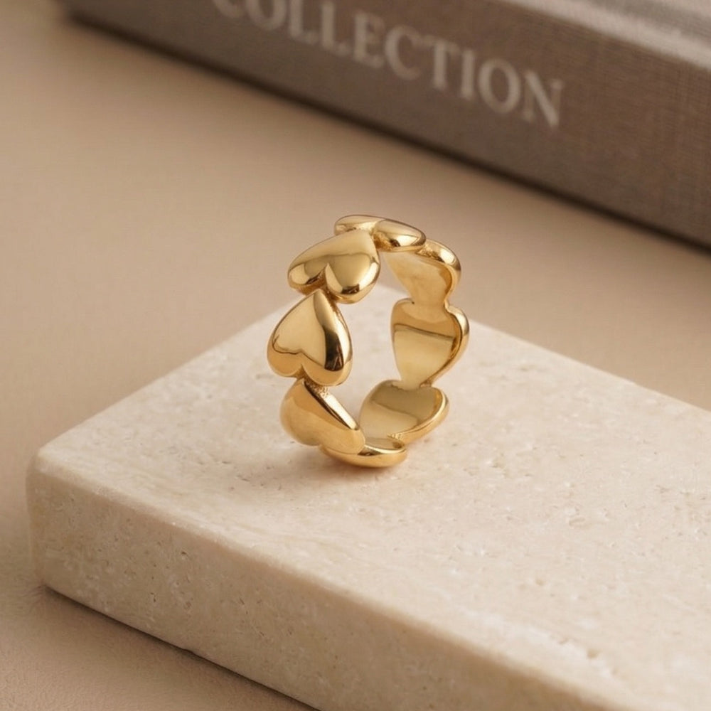 Gold Plated Chunky Multi-Heart Eternity Ring, Polished Bold Heart Cluster Band
