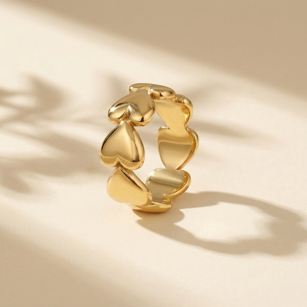 Gold Plated Chunky Multi-Heart Eternity Ring, Polished Bold Heart Cluster Band