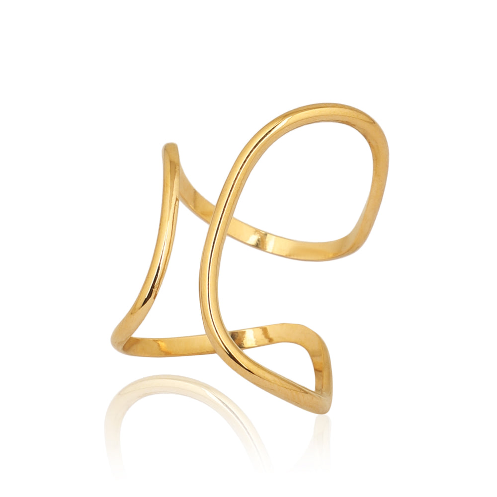 Gold Plated Minimalist Wide Cage Geometric Ring, Hollow Double Layer Band
