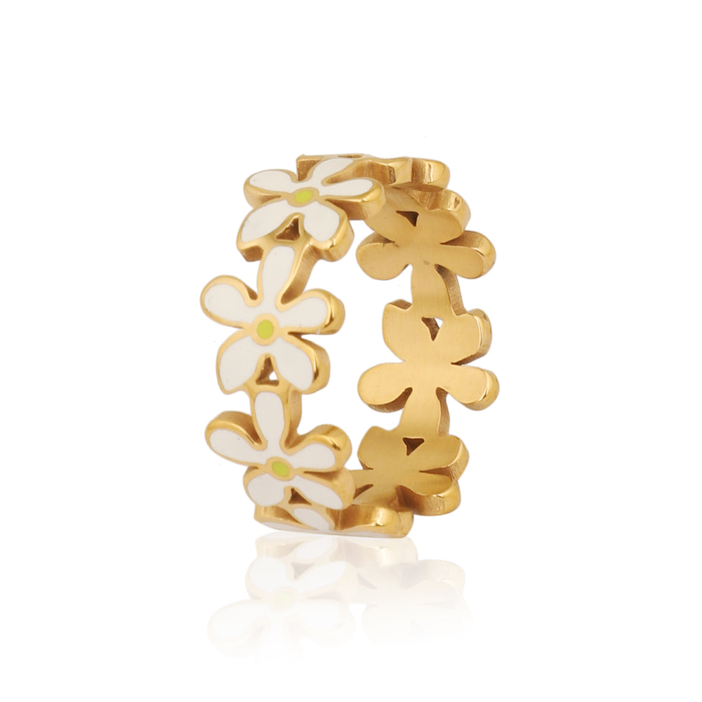 Gold Plated White Enamel Daisy Flower Ring, Floral Eternity Band Ring for Women