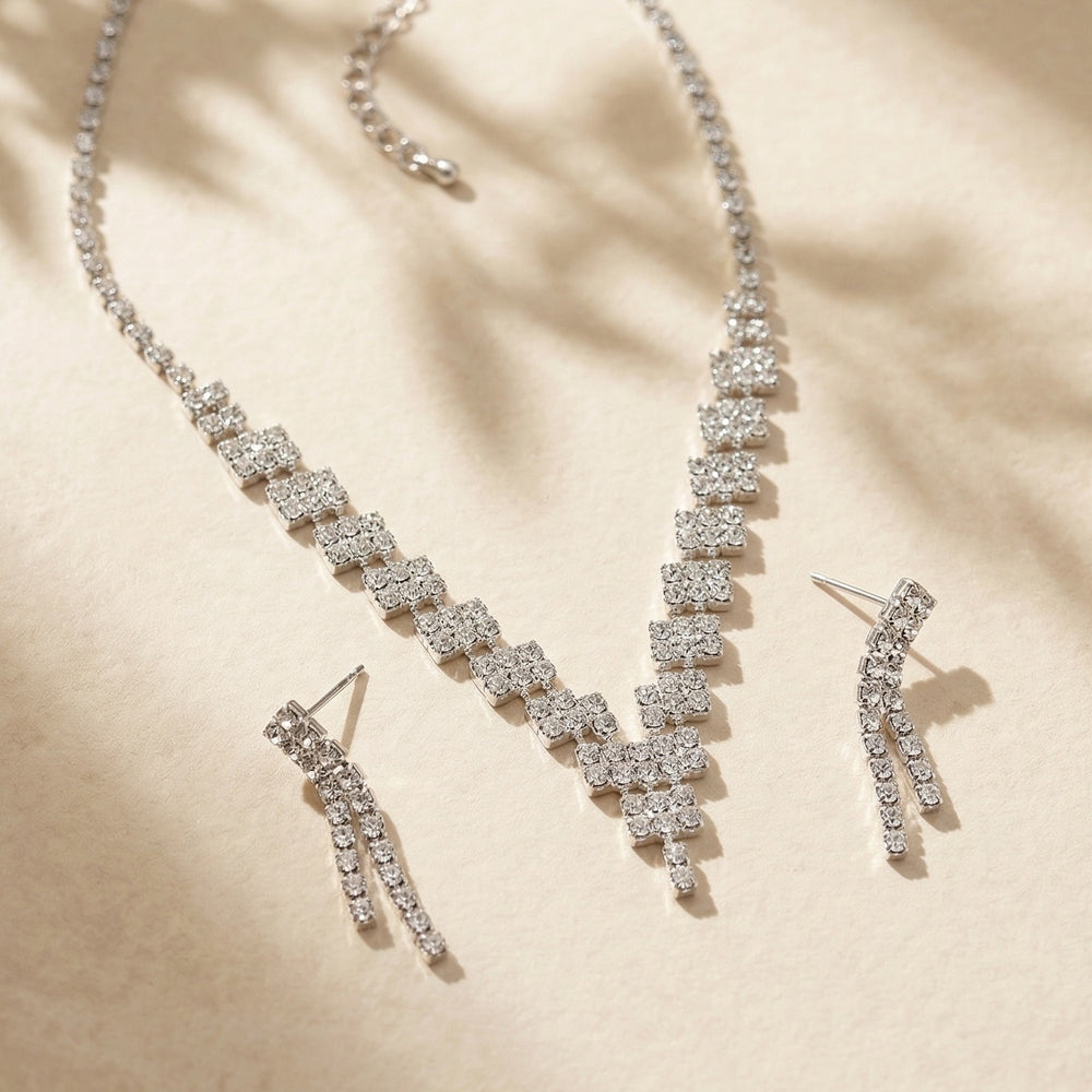 Elegant V-Shaped Silver-Plated Crystal Choker Necklace Set with Dangle Drop Earrings for Wedding & Bridal Jewelry