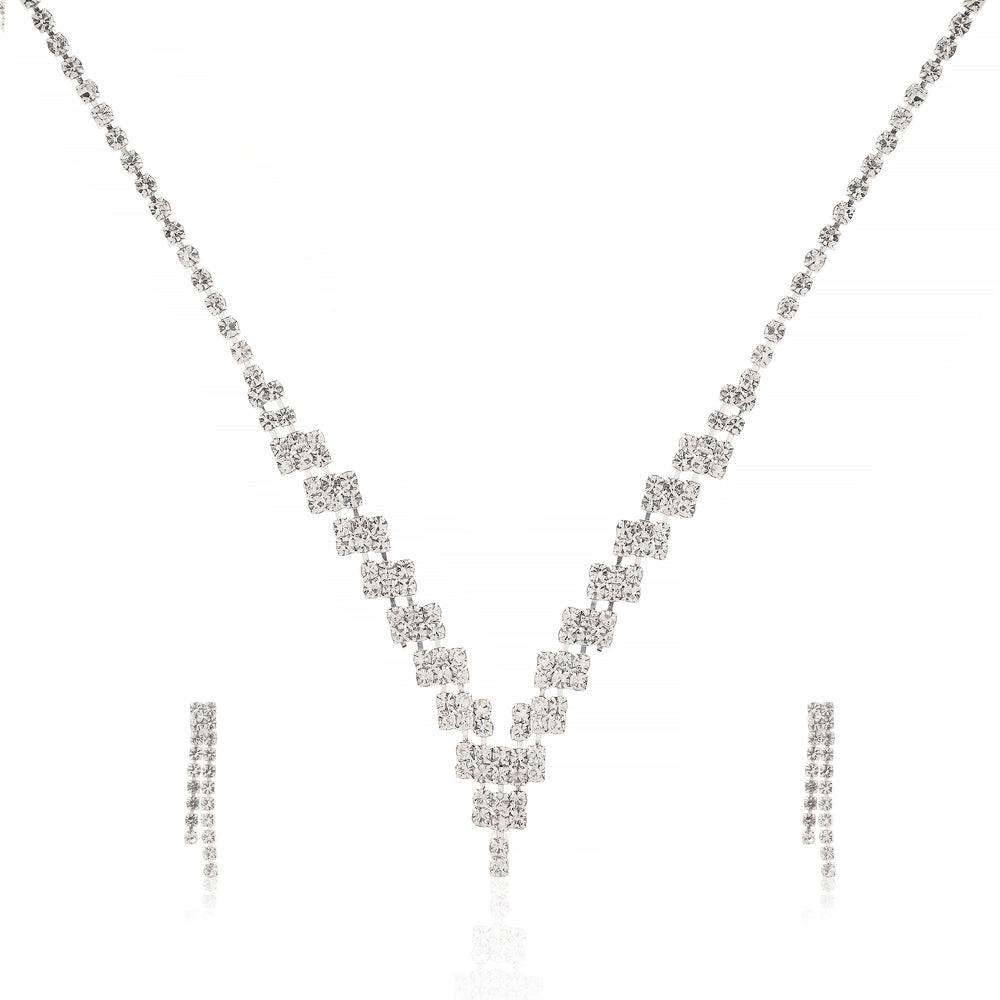 Elegant V-Shaped Silver-Plated Crystal Choker Necklace Set with Dangle Drop Earrings for Wedding & Bridal Jewelry