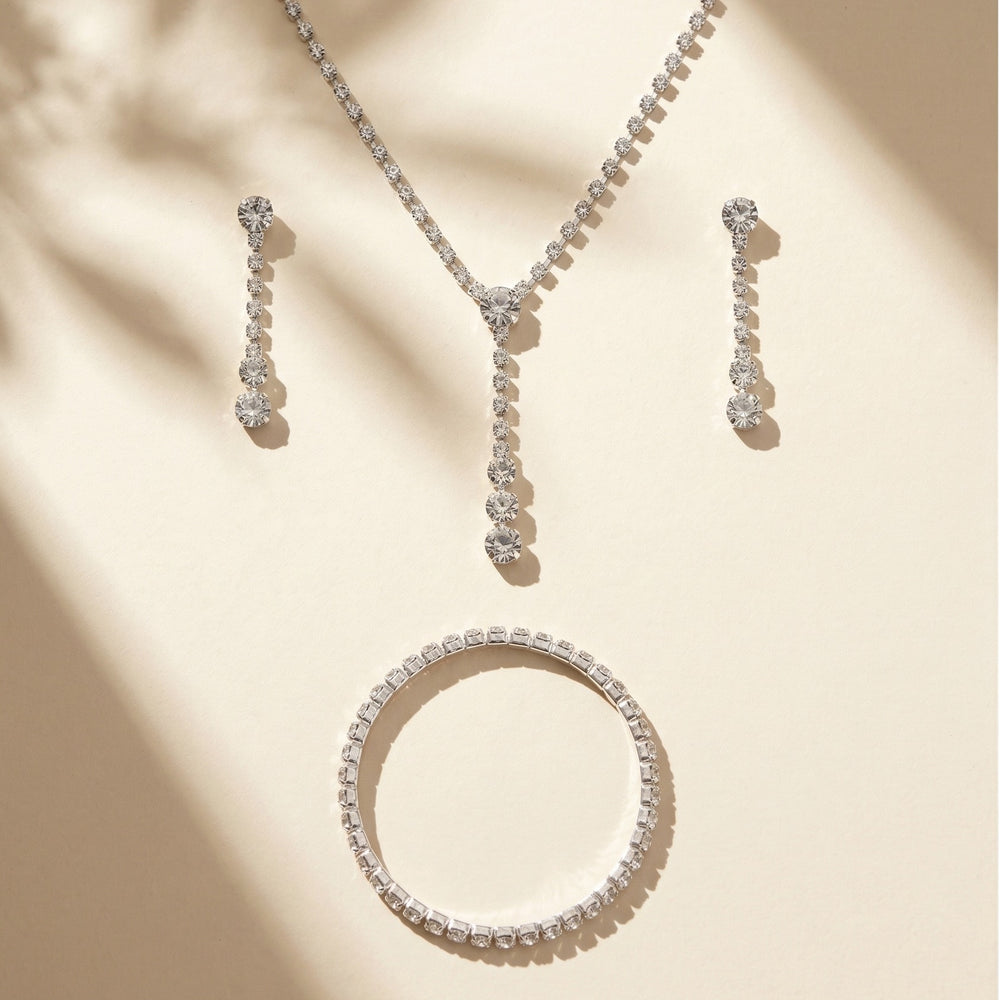 4-Piece Silver-Plated Crystal Jewelry Set | Y-Drop Lariat Necklace, Dangle Earrings, and Matching Bracelet