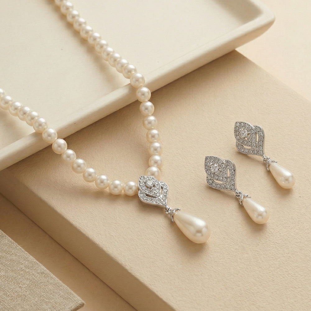 Classic White Pearl Necklace Set with Silver-Plated Art Deco Pendant and Matching Teardrop Earrings