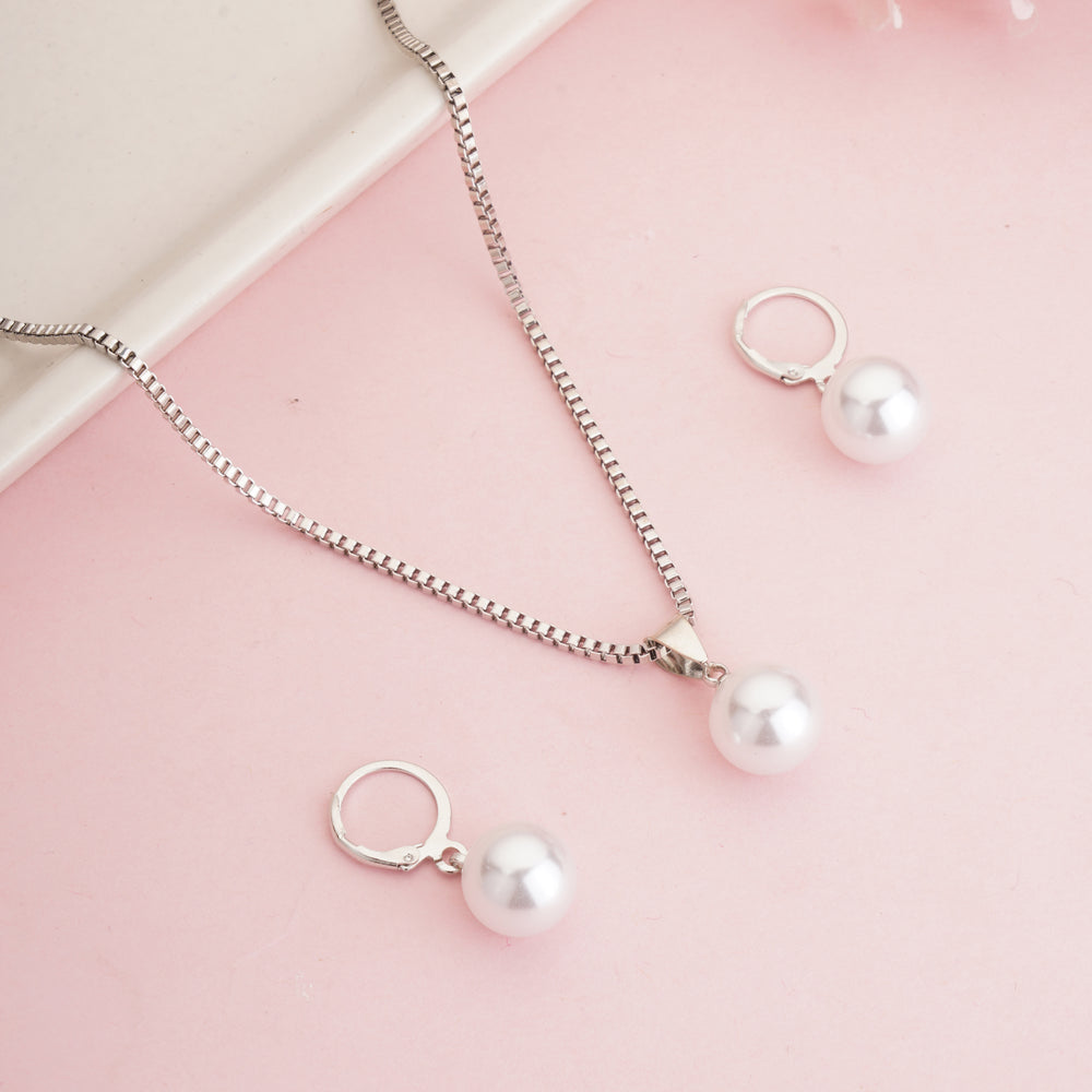 Classic Silver-Plated Single Pearl Drop Pendant Necklace and Matching Lever-Back Earrings Set