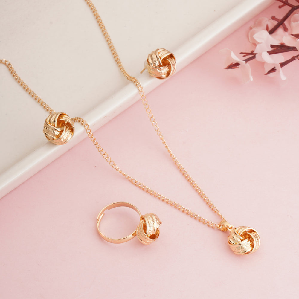 4-Piece, Gold-Plated Textured Jewelry Set with Pendant Necklace, Stud Earrings, and Adjustable Ring
