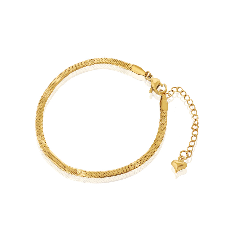 Gold Plated Stainless Steel Textured Snake Chain Bracelet with Heart Charm