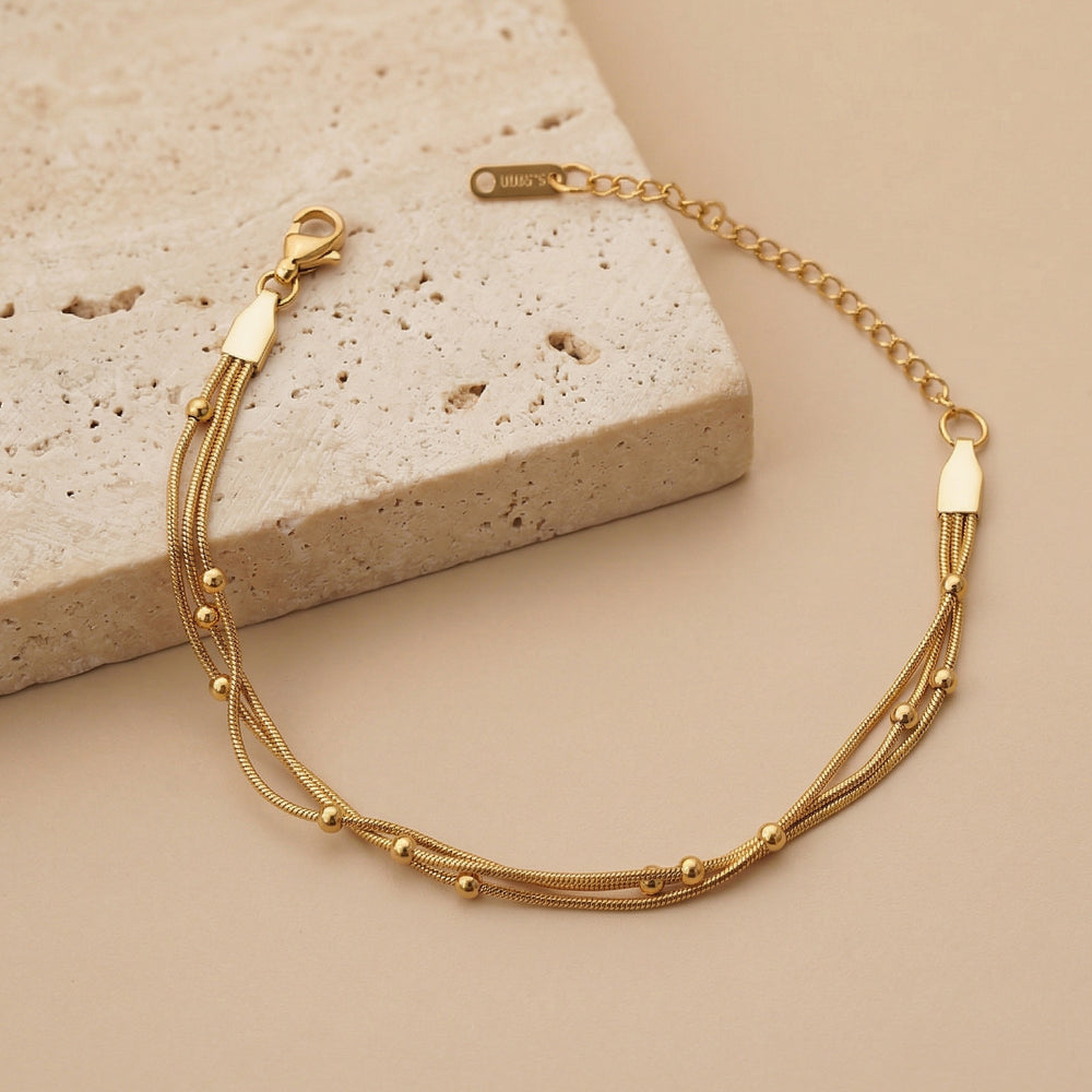 Triple Layered Daily Wear Gold Plated Snake Chain Bracelet with Beads