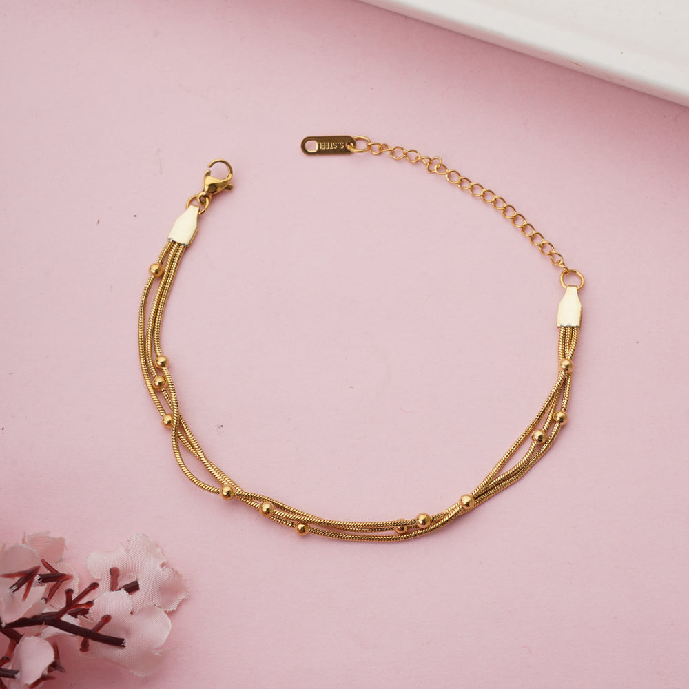 Triple Layered Daily Wear Gold Plated Snake Chain Bracelet with Beads