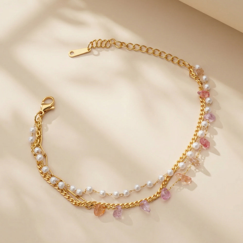 Boho Gold Plated Multi-Strand Bracelet with Pearls & Raw Stones fo roffice wear