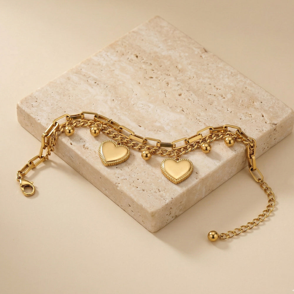 Stylish Heavy Statement Gold Bracelet with Heart and Ball Hangings for office party