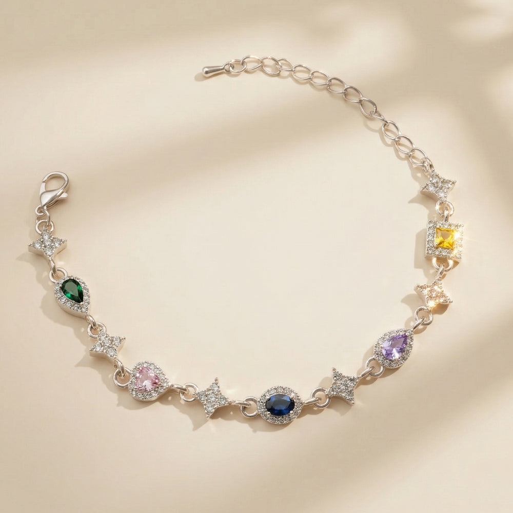 Elegent Silver Plated Halo Link Bracelet with Multi-Color Pastel Stones for Party wear