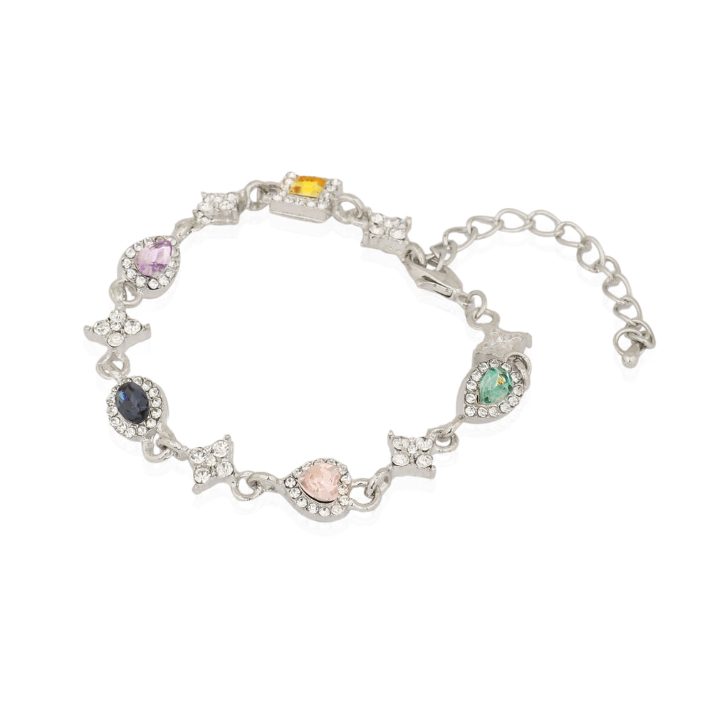 Elegent Silver Plated Halo Link Bracelet with Multi-Color Pastel Stones for Party wear