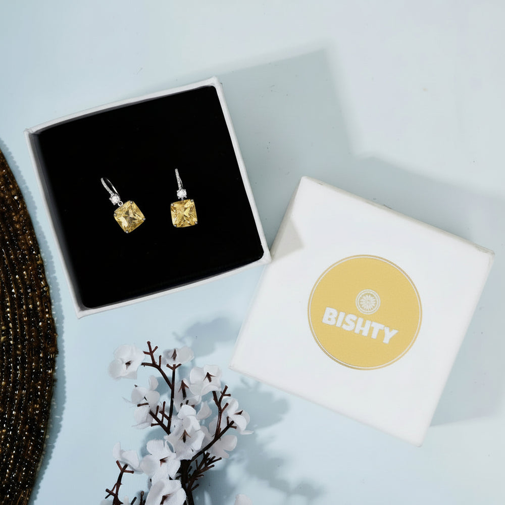 Yellow Square Cut Stud Earrings|Gifts for Girlfriend|Gift for Women & Girls|