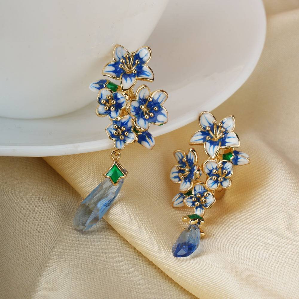 Blue Flower Enamel Drop Earrings|Gifts for Girlfriend|Gift for Women & Girls|