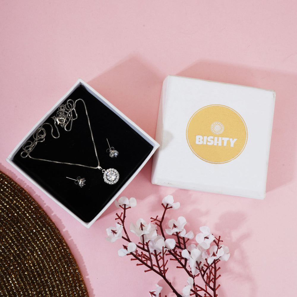 Silver Round Cut pendant chain and earring set